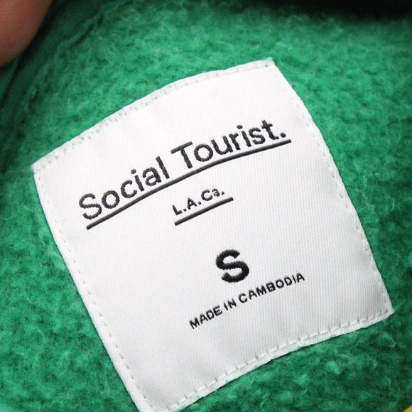 Social Tourist Hoodie Mens Green Pullover Drawstring Big Logo Graphic Small S - Picture 7 of 10